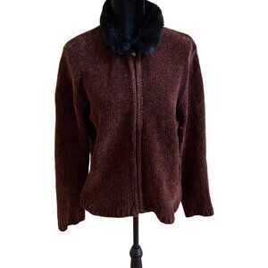 Faux Fur Collar Knit Sweater Jacket With Full Zip Closure
